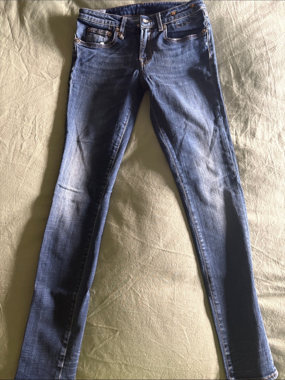 R13 Women's Skinny Jeans in Blue with Contrast Topstitching